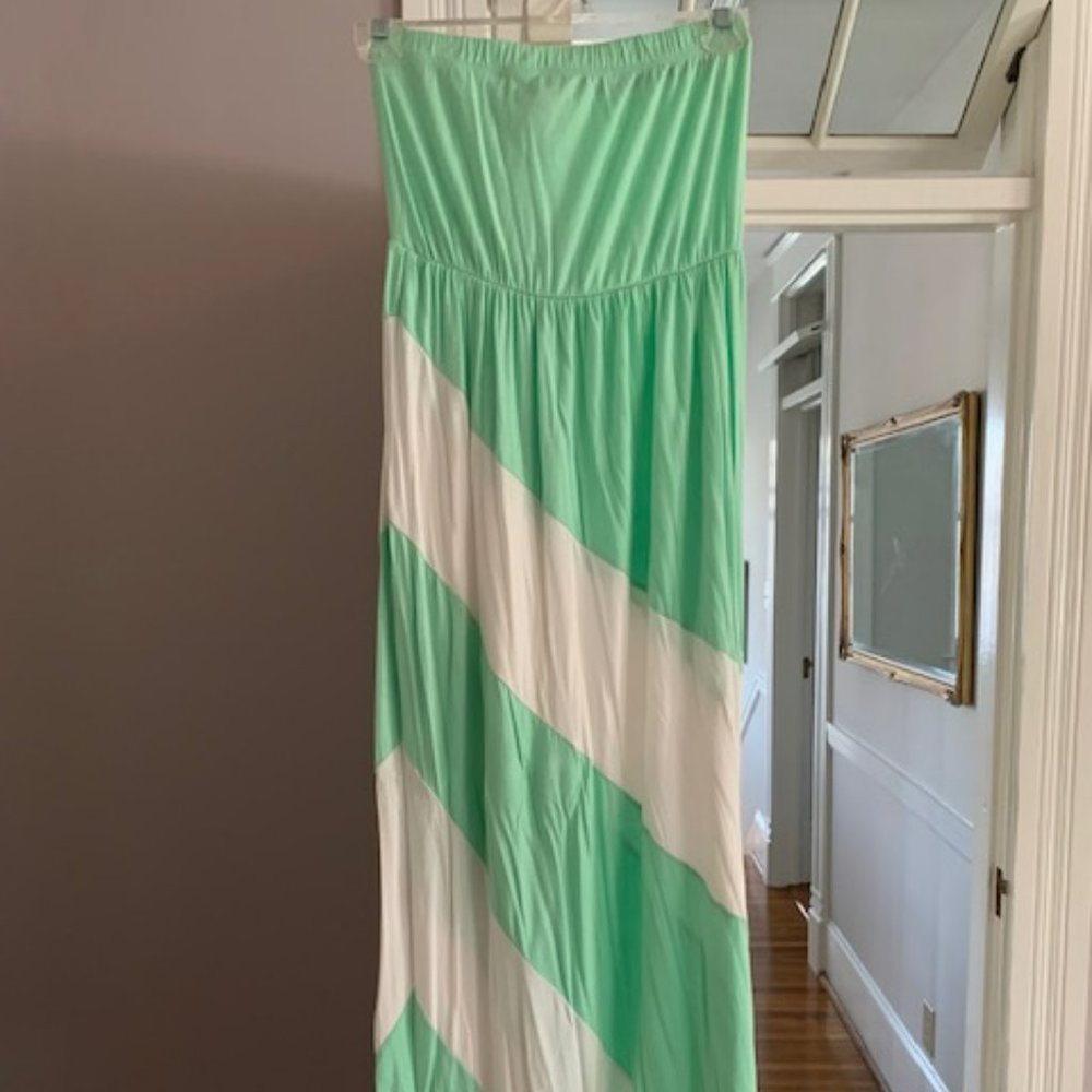 Green and White Strapless Maxi Dress, Size Small-Medium